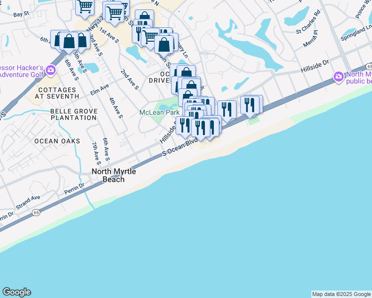 map of restaurants, bars, coffee shops, grocery stores, and more near 105 South Ocean Boulevard in North Myrtle Beach