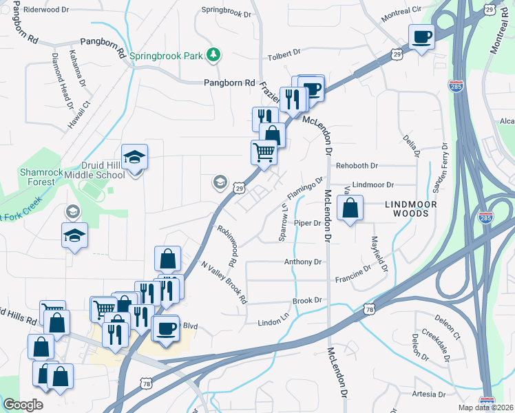map of restaurants, bars, coffee shops, grocery stores, and more near 2993 Eltham Place in Decatur