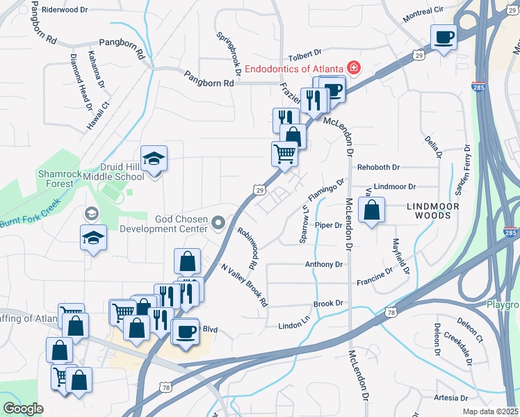 map of restaurants, bars, coffee shops, grocery stores, and more near 1300 Hopkins Drive in Decatur