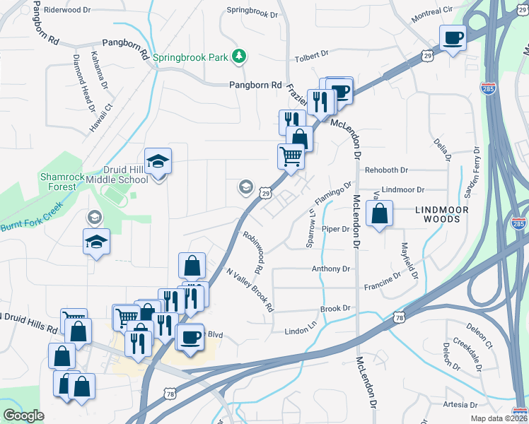 map of restaurants, bars, coffee shops, grocery stores, and more near 2411 Lawrenceville Highway in Decatur
