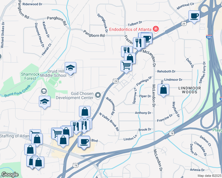 map of restaurants, bars, coffee shops, grocery stores, and more near 2411 Lawrenceville Highway in Decatur