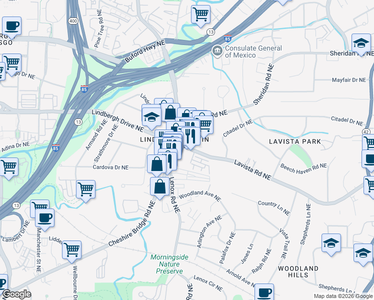 map of restaurants, bars, coffee shops, grocery stores, and more near 1155 Lavista Road Northeast in Atlanta