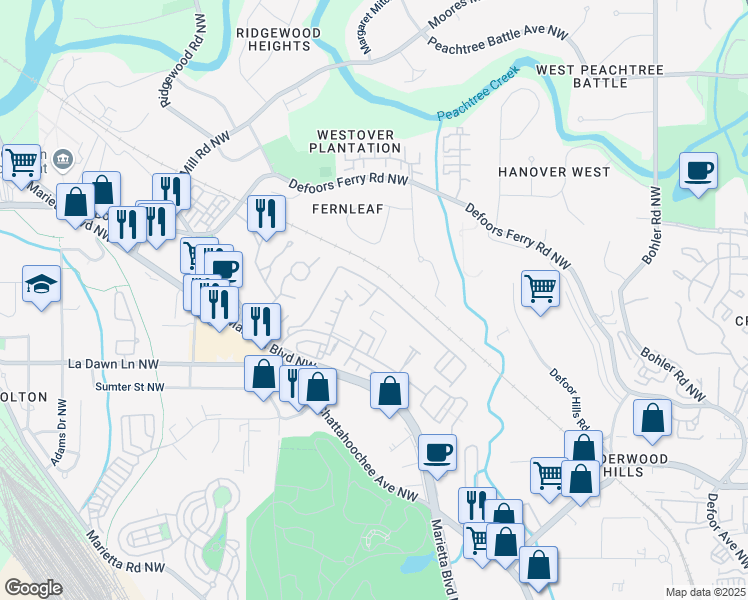 map of restaurants, bars, coffee shops, grocery stores, and more near 2015 Liberty Court Northwest in Atlanta