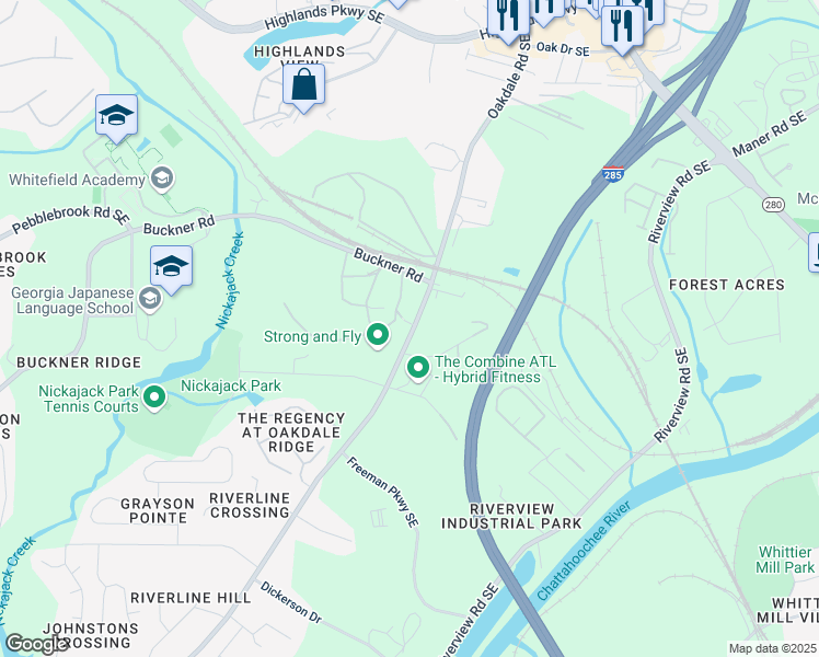 map of restaurants, bars, coffee shops, grocery stores, and more near Oakdale Road in Mableton