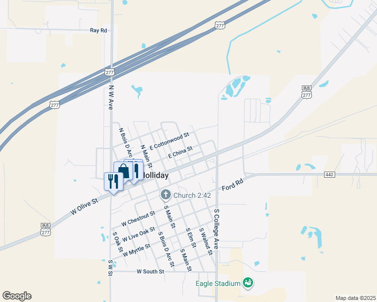 map of restaurants, bars, coffee shops, grocery stores, and more near 205 North Pecan Street in Holliday