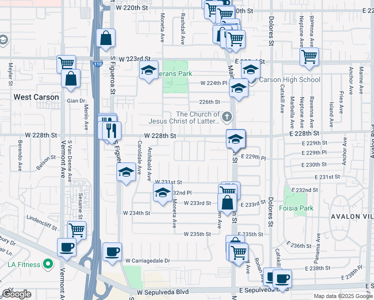 map of restaurants, bars, coffee shops, grocery stores, and more near 22821 Oak Knoll Drive in Carson