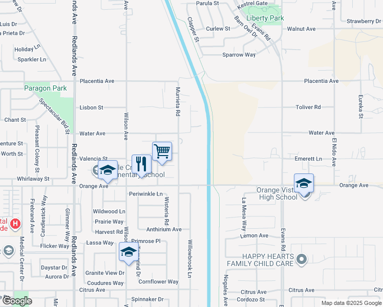 map of restaurants, bars, coffee shops, grocery stores, and more near 2629 Murrieta Road in Perris