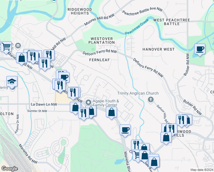 map of restaurants, bars, coffee shops, grocery stores, and more near 2015 Liberty Court Northwest in Atlanta