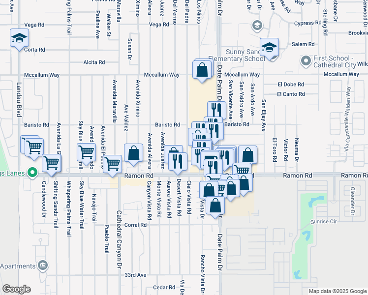 map of restaurants, bars, coffee shops, grocery stores, and more near 31755 Avenida Del Padre in Cathedral City