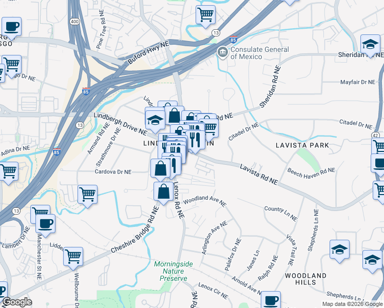 map of restaurants, bars, coffee shops, grocery stores, and more near 1155 Lavista Road Northeast in Atlanta