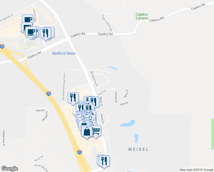map of restaurants, bars, coffee shops, grocery stores, and more near 2874 Echo Springs Drive in Corona