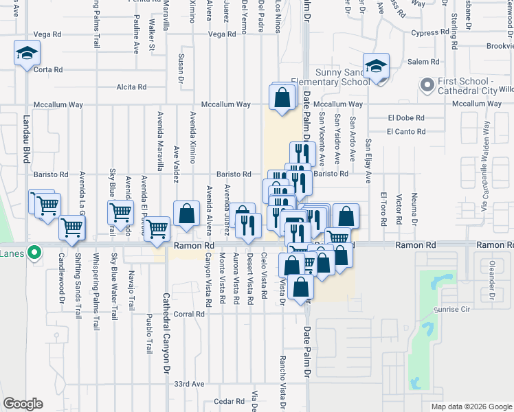 map of restaurants, bars, coffee shops, grocery stores, and more near 31755 Avenida Del Padre in Cathedral City