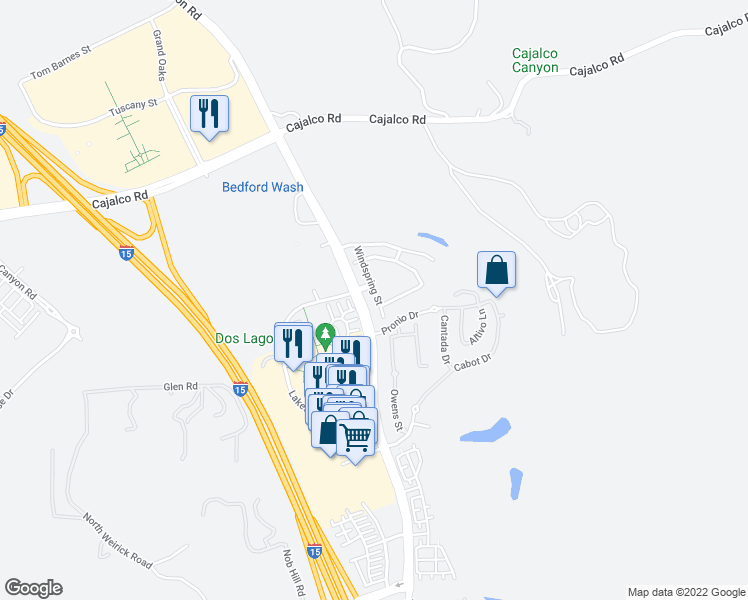 map of restaurants, bars, coffee shops, grocery stores, and more near 4228 Windspring Street in Corona