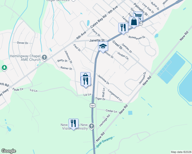 map of restaurants, bars, coffee shops, grocery stores, and more near 308 Longwood Lane in Conway