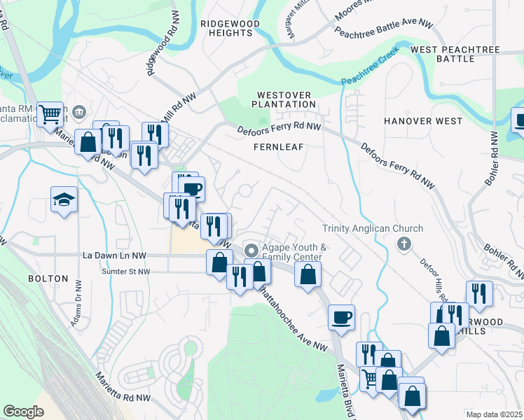 map of restaurants, bars, coffee shops, grocery stores, and more near 1092 Liberty Parkway Northwest in Atlanta
