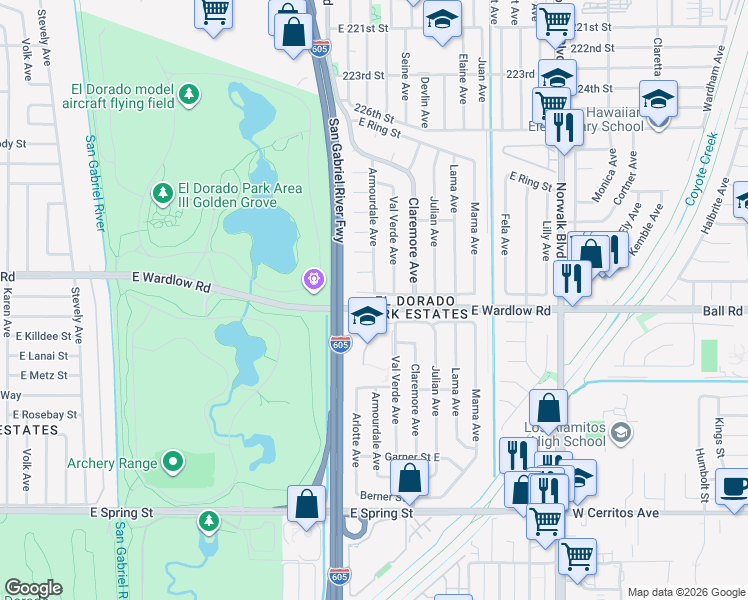 map of restaurants, bars, coffee shops, grocery stores, and more near 7830 East Tarma Street in Long Beach