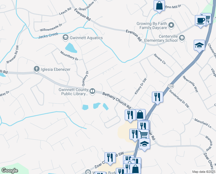 map of restaurants, bars, coffee shops, grocery stores, and more near 3432 Kittery Drive Southwest in Snellville