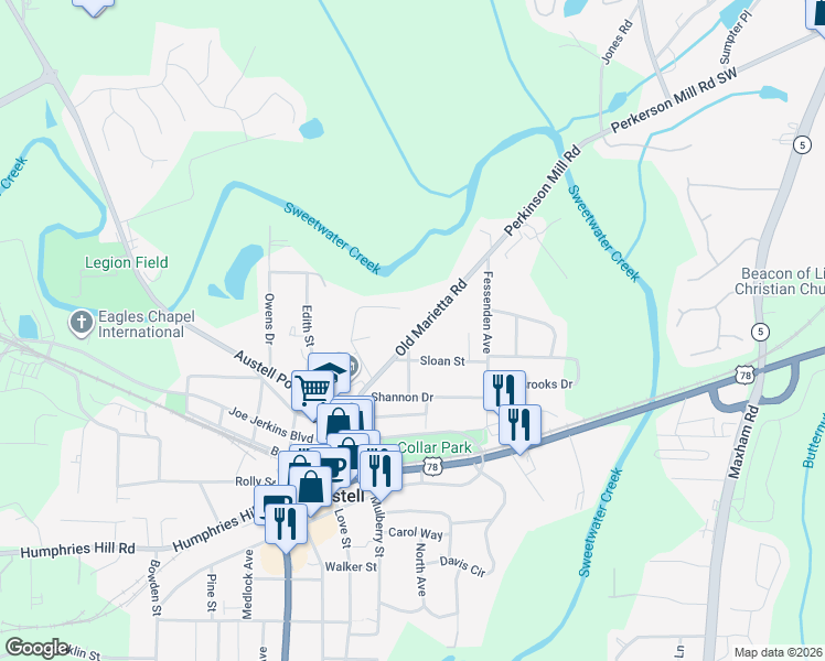 map of restaurants, bars, coffee shops, grocery stores, and more near 5592 Old Marietta Road in Austell