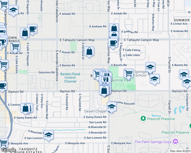 map of restaurants, bars, coffee shops, grocery stores, and more near 1477 Tiffany Circle South in Palm Springs