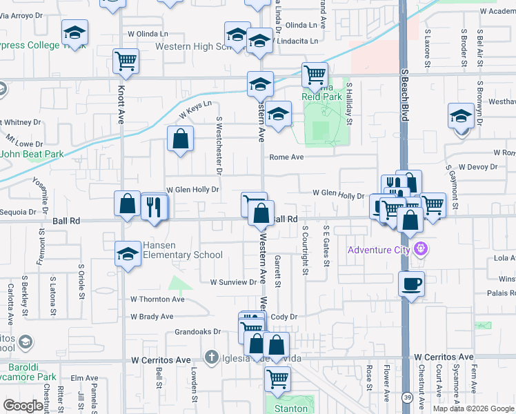 map of restaurants, bars, coffee shops, grocery stores, and more near 921 South Western Avenue in Anaheim