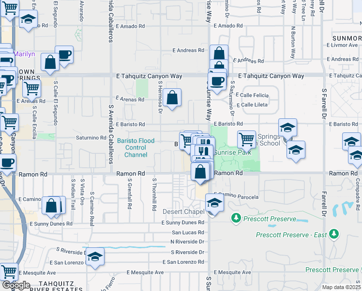 map of restaurants, bars, coffee shops, grocery stores, and more near 1473 Tiffany Circle South in Palm Springs