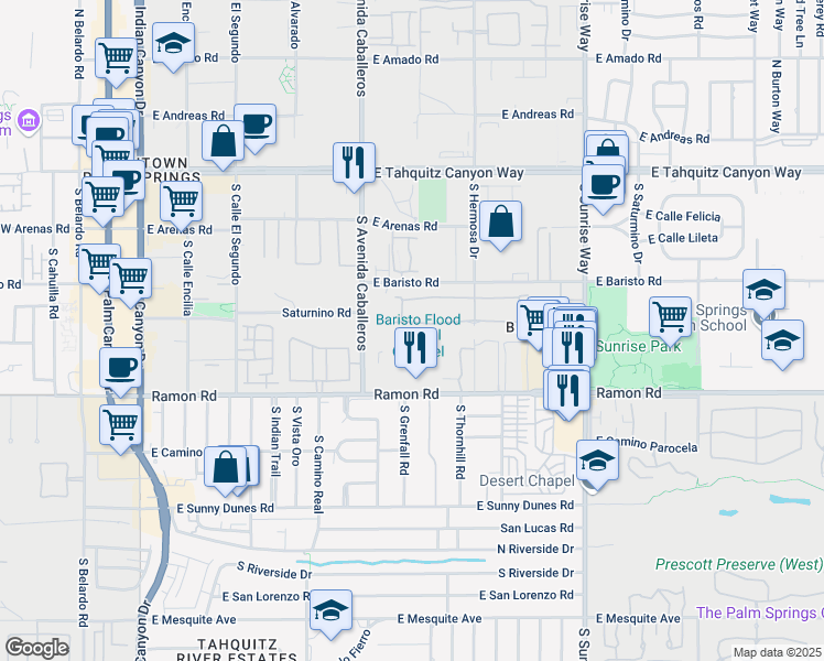 map of restaurants, bars, coffee shops, grocery stores, and more near 1135 Tiffany Circle South in Palm Springs