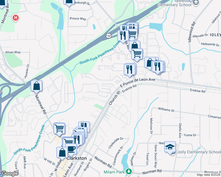 map of restaurants, bars, coffee shops, grocery stores, and more near 3799 Tree Creek Lane in Clarkston