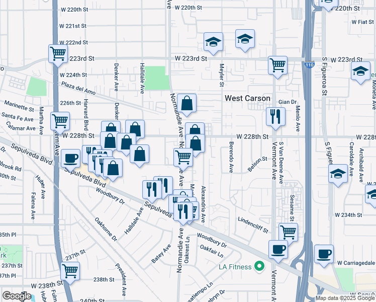 map of restaurants, bars, coffee shops, grocery stores, and more near 22919 Mariposa Avenue in Torrance