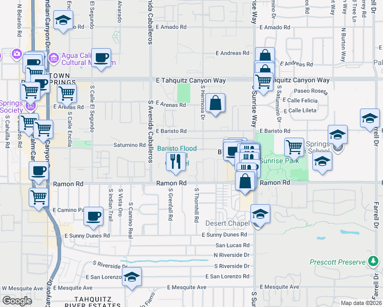 map of restaurants, bars, coffee shops, grocery stores, and more near 1251 Tiffany Circle North in Palm Springs