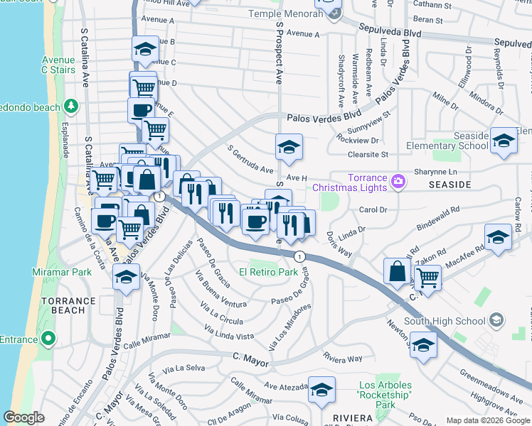 map of restaurants, bars, coffee shops, grocery stores, and more near 1932 South Prospect Avenue in Redondo Beach