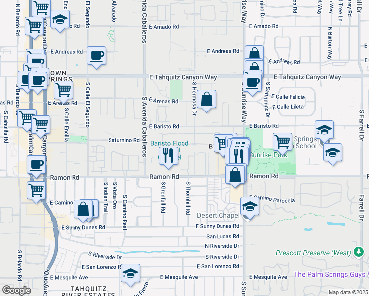 map of restaurants, bars, coffee shops, grocery stores, and more near 1253 Tiffany Circle South in Palm Springs