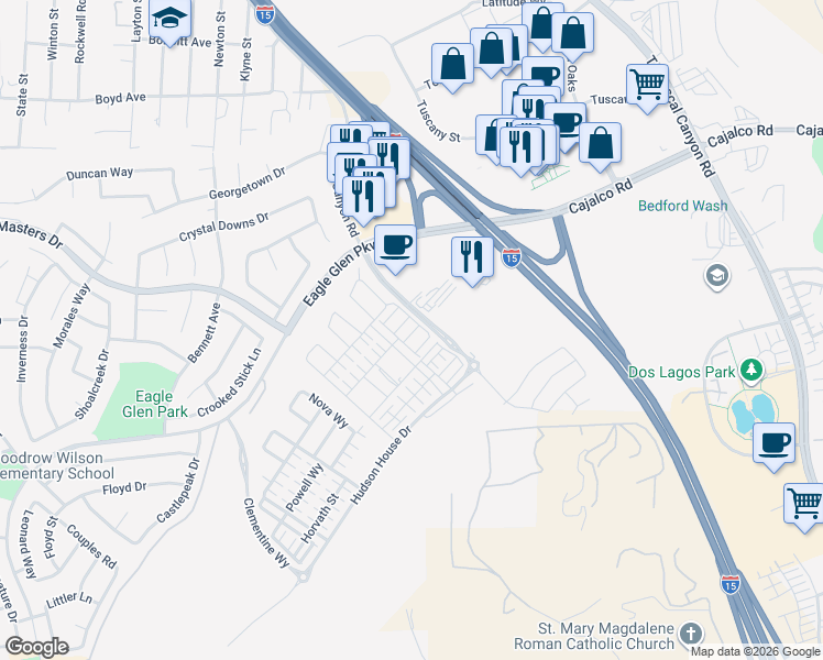 map of restaurants, bars, coffee shops, grocery stores, and more near 3956 Lavine Way in Corona