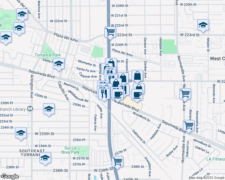 map of restaurants, bars, coffee shops, grocery stores, and more near 22850 South Western Avenue in Torrance