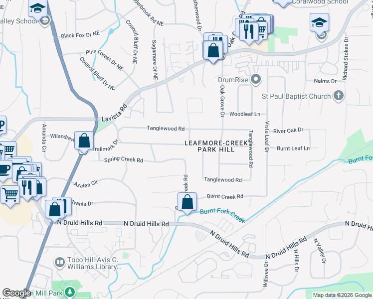 map of restaurants, bars, coffee shops, grocery stores, and more near 2254 Spring Creek Road in Decatur