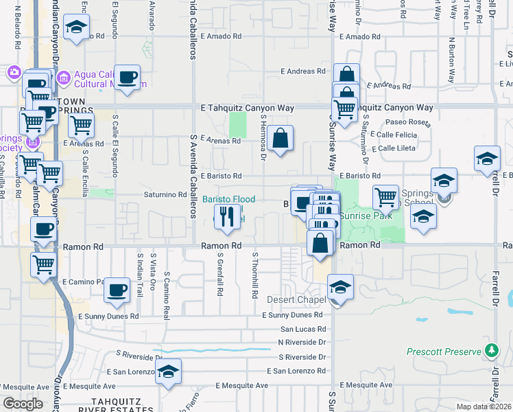 map of restaurants, bars, coffee shops, grocery stores, and more near 1283 Tiffany Circle South in Palm Springs