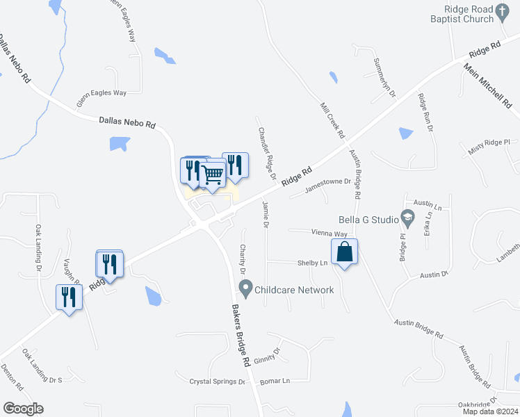 map of restaurants, bars, coffee shops, grocery stores, and more near 42 Jamie Drive in Hiram