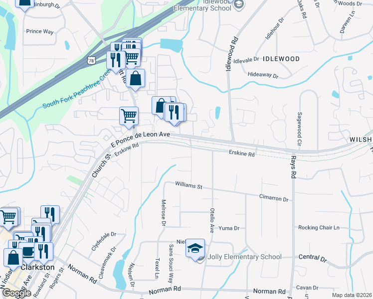 map of restaurants, bars, coffee shops, grocery stores, and more near 4367 Erskine Road in Clarkston