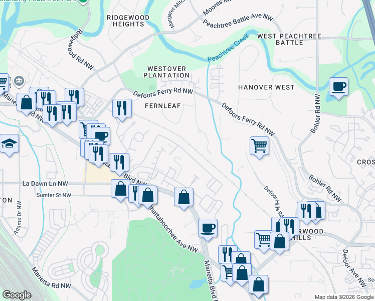 map of restaurants, bars, coffee shops, grocery stores, and more near 1397 Liberty Parkway Northwest in Atlanta