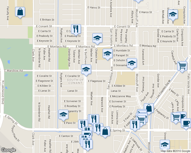 map of restaurants, bars, coffee shops, grocery stores, and more near 3321 Chatwin Avenue in Long Beach