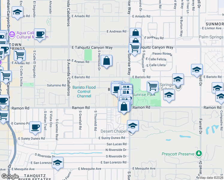 map of restaurants, bars, coffee shops, grocery stores, and more near 1473 Tiffany Circle South in Palm Springs