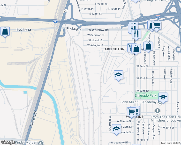 map of restaurants, bars, coffee shops, grocery stores, and more near 101 Pacific Drive in Long Beach