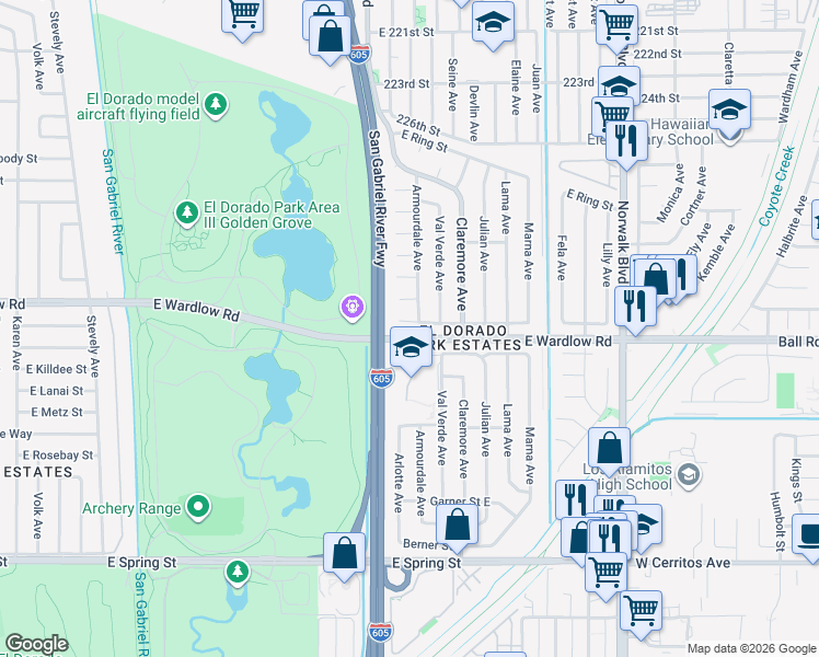map of restaurants, bars, coffee shops, grocery stores, and more near 7830 East Tarma Street in Long Beach