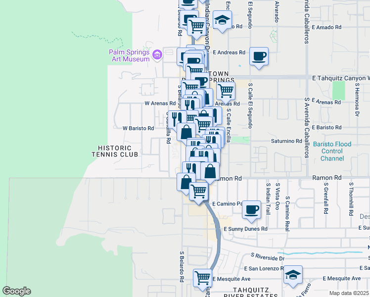 map of restaurants, bars, coffee shops, grocery stores, and more near 415 South Palm Canyon Drive in Palm Springs