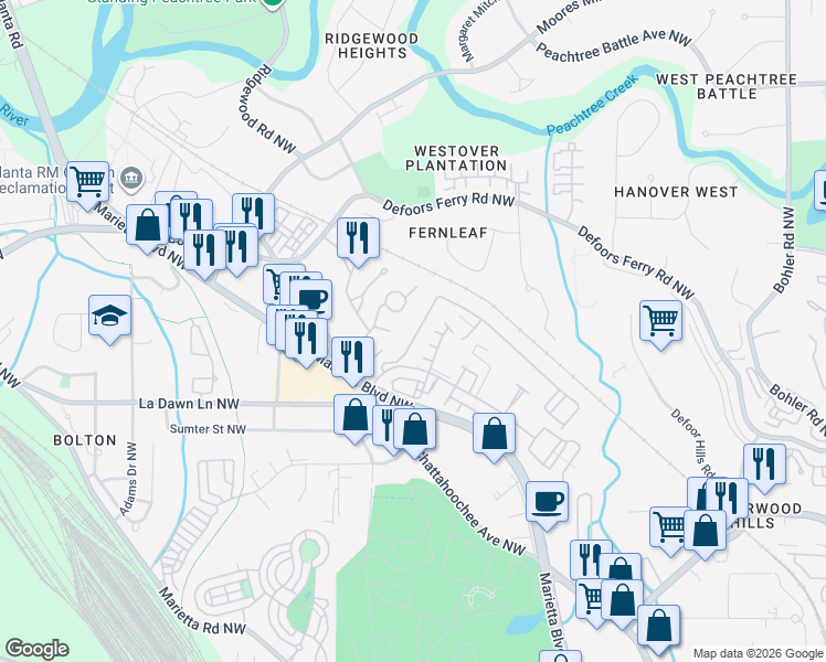 map of restaurants, bars, coffee shops, grocery stores, and more near 1040 Liberty Parkway Northwest in Atlanta