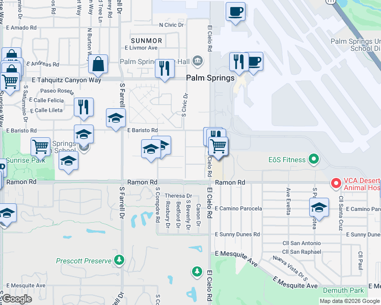 map of restaurants, bars, coffee shops, grocery stores, and more near 2999 East Via Vaquero Road in Palm Springs