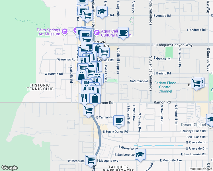 map of restaurants, bars, coffee shops, grocery stores, and more near 461 South Calle El Segundo in Palm Springs
