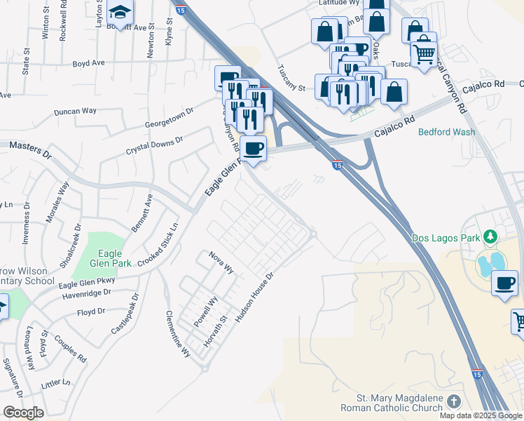 map of restaurants, bars, coffee shops, grocery stores, and more near Cajalco Rd in Corona