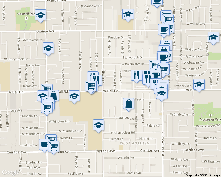 map of restaurants, bars, coffee shops, grocery stores, and more near 9586 West Ball Road in Anaheim