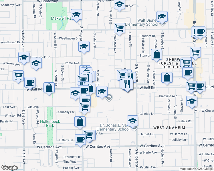 map of restaurants, bars, coffee shops, grocery stores, and more near 930 South Texella Court in Anaheim