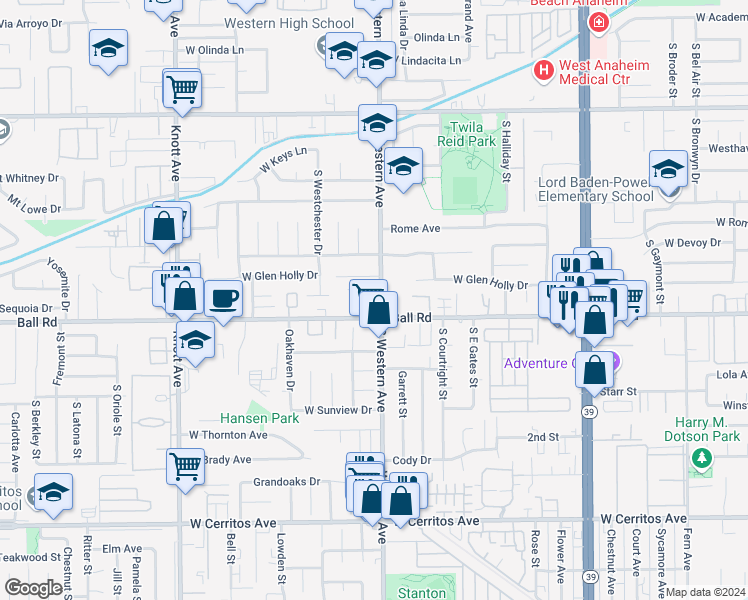 map of restaurants, bars, coffee shops, grocery stores, and more near 3200 West Ball Road in Anaheim